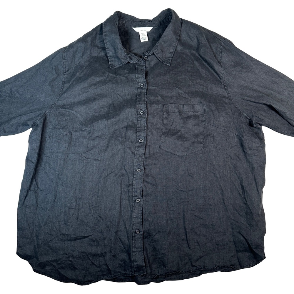 HM Womens XXL Black 100% Linen Button Down Long Sleeve Shirt Lightweight